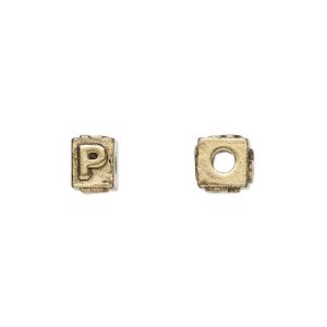 Bead 1pkg4 gold-plated pewter, 8x6mm rectangle / letter P, antique Dione&reg;