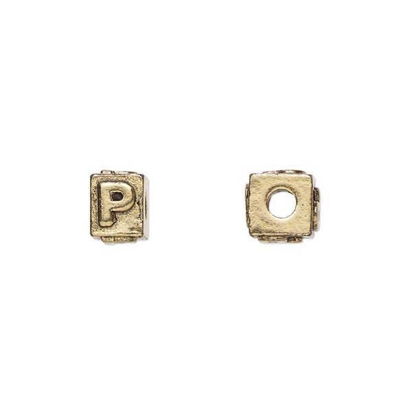 Bead 1pkg4 gold-plated pewter, 8x6mm rectangle / letter P, antique Dione&reg; image number 0