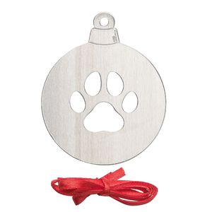 Ornament, ImpressArt&reg;, aluminum and polyester, 2-1/2 x2 inch ball with cutout paw print with ribbon. Sold per pkg of 3.