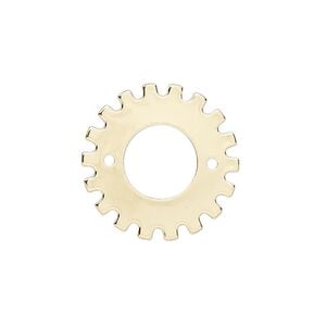 Component, gold-finished steel, 21mm gear with 12-14mm rivoli setting and 2 holes, 9.5mm center hole. Sold per pkg of 6.