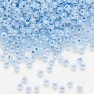 Seed bead, Miyuki, glass, pkg/50g, #8 rocaille, opaque luster sky blue (RR-523).