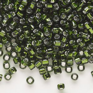 Seed bead, Dyna-Mites&trade;, glass, silver-lined translucent olive green, #6 round with square hole. Sold per 40-gram pkg.