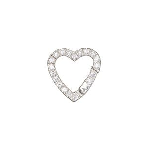 Clasp self-closing hook 1pkg1 sterling silver / cubic zirconia 16x16mm heart, clear