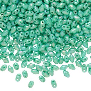 Bead, Preciosa Mini Twin&trade;, Mini Pressed Twin, Czech pressed glass, opaque rainbow turquoise green, 4x2.5mm oval with (2) 0.7mm holes. Sold per 10-gram pkg.