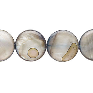 Mother-of-pearl shell 1pkg1, puffed flat round bead 15 inch steel blue 14-15mm