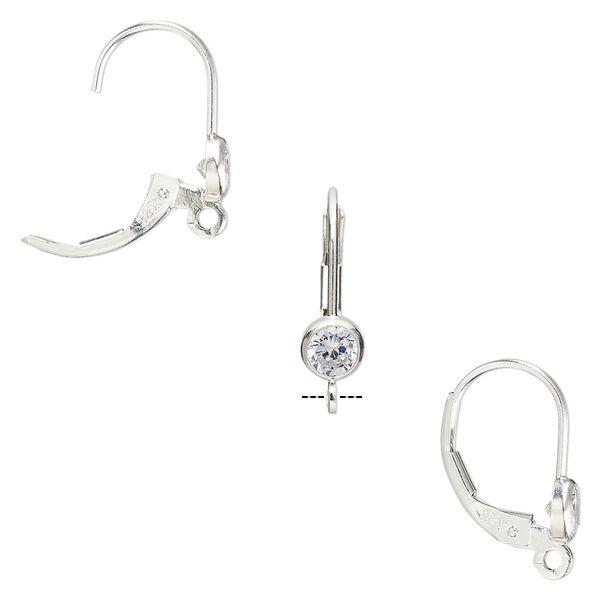 Ear wire leverback 1pkg2 sterling silver / cubic zirconia, 17mm / 4mm faceted round / open loop, clear 1 pair image number 0