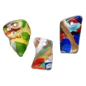 Random focal mix, lampworked glass, translucent mixed colors, 33x21mm-46x30mm domed freeform with copper-colored glitter and silver-colored foil. Sold per pkg of 3.