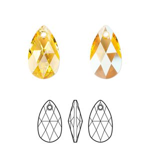 Drop, Crystal Passions&reg; crystals, Crystal Passions&reg;, light topaz shimmer, 16x9mm faceted pear pendant (6106). Sold per pkg of 2.