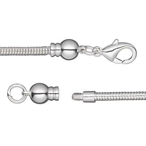 Chain 1pkg1 silver-plated snake, 2.6mm / lobster claw clasp / fits 3.5-6mm hole, Dione&reg; brass 7 inch