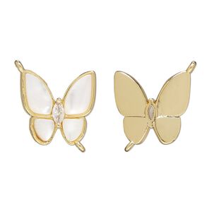 Link, brass / mother-of-pearl shell (bleached)/ glass rhinestone 1pkg1, 16mm butterfly, gold finish / white / clear