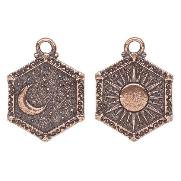Charm, TierraCast&reg;, "Celestial" collection, antique copper-plated pewter (tin-based alloy), 24.5x21.5mm 2-sided hexagon with sun and moon design. Sold individually. image number 0