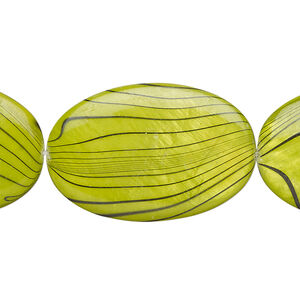Mother-of-pearl shell 1pkg1, flat oval bead 15 inch apple green and black 30x20mm-31x21mm