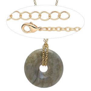 Necklace, Simple and Sleek Jewelry&trade;, labradorite focal and gold-finished brass chain, 33 inches with 1-1/4 inch extender chain. Sold individually.