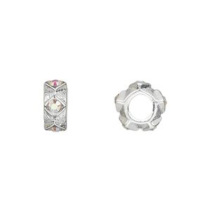 Bead 1pkg1 silver-plated pewter, 10.5x5mm textured rondelle / 3mm chaton, crystal clear AB Dione&reg;