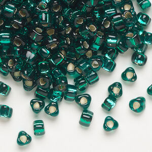 Seed bead, Miyuki 1pkg10g, glass, #5 triangle, transparent silver-lined emerald green (TR-1807)