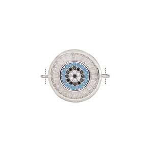 Link, cubic zirconia and silver-finished brass, clear / blue / black, 15mm single-sided round. Sold individually.