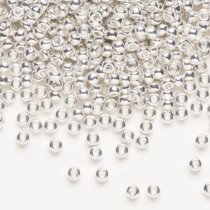 Seed bead, Miyuki, glass, pkg/250g, #8 rocaille, opaque silver-plated, (RR-961).