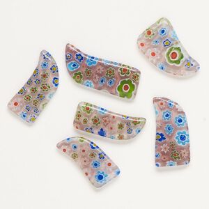 Component, millefiori glass, translucent purple and multicolored, 22x11mm-28x14mm undrilled talon. Sold per pkg of 6.