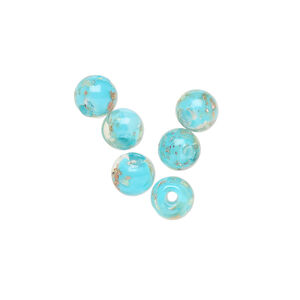 Bead, lampworked glass, clear / light blue / glow-in-the-dark / gold, 6mm round. Sold per pkg of 6.