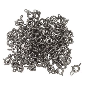 Clasp, springring, gunmetal-finished "pewter" (zinc-based alloy), 6mm round with chain tab. Sold per pkg of 100.