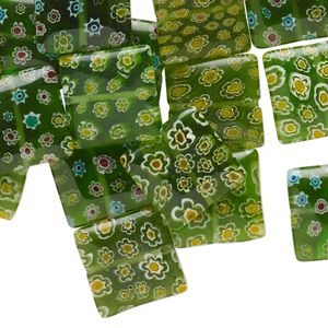 Bead, millefiori glass, translucent green and multicolored, 17x17-19x18mm puffed square with flower design. Sold per 2-ounce pkg.