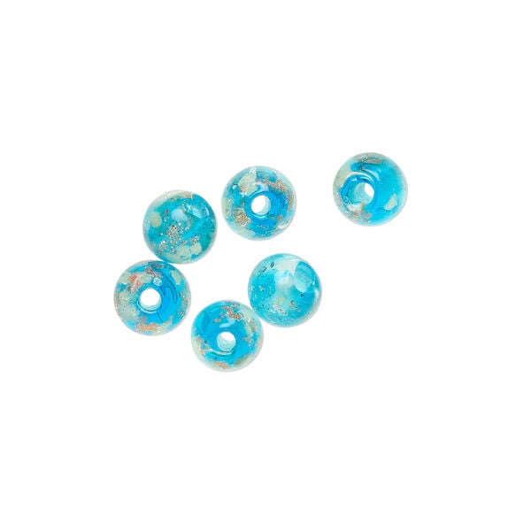 Bead, lampworked glass, clear / blue / glow-in-the-dark / gold, 6mm round. Sold per pkg of 6. image number 0