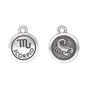 Charm, TierraCast&reg;, antique silver-plated pewter (tin-based alloy), 15mm two-sided flat round with Scorpio zodiac sign and symbol. Sold per pkg of 2.