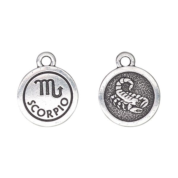Charm, TierraCast&reg;, antique silver-plated pewter (tin-based alloy), 15mm two-sided flat round with Scorpio zodiac sign and symbol. Sold per pkg of 2. image number 0