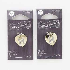 Charm, gold-finished "pewter" (zinc-based alloy) / steel / acrylic rhinestone, clear, 15.5x15mm single-sided puffed heart with letter "H." Sold per pkg of 2.