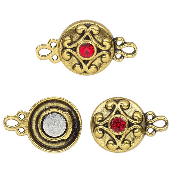 Clasp magnetic 1pkg2 "pewter" (zinc alloy), 12mm double-sided round, antique gold-finished / red rhinestone 1-strand image number 0