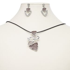 Necklace and earring set, enamel / waxed cotton cord / glass rhinestone / imitation rhodium-finished steel / "pewter" (zinc-based alloy), black / light purple / brown, 56x32mm triangles, 18-inch necklace with 2-inch extender chain and lobster claw clasp, 35mm earrings with post. Sold per set.