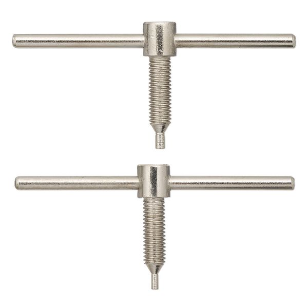 Replacement T-pin for hole punch, nickel-plated steel, (1) 2-3/8x1-1/8x1/4 inch T-shaped 1.5mm pin and (1) 2-3/8x1-1/8x1/4 inch T-shaped 2mm pin. Sold per pkg of 2. image number 0