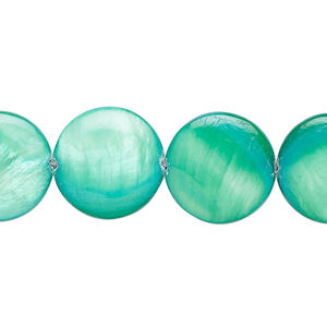 Mother-of-pearl shell 1pkg1, puffed flat round bead 15 inch bright green 14-15mm
