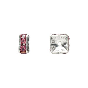 Bead 1pkg10 silver-plated, 8x4mm squaredelle, brass / rose rhinestone