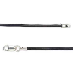 Necklace cord, Ellada Leather&trade;, Greek leather (dyed) and sterling silver, black, 1.5mm smooth round, 16 inches with lobster claw clasp. Sold individually.