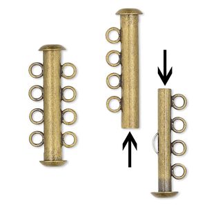 Clasp slide lock 1pkg10 gold-plated, 26x6mm tube, antique brass 4-strand