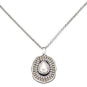 Necklace, glass rhinestone / antiqued silver-coated plastic / gold- / silver-finished brass / antiqued silver-finished steel / "pewter" (zinc-based alloy), clear, 30x26mm oval, 16 inches with 3-inch extender chain and lobster claw clasp. Sold individually.