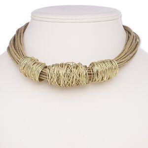 Necklace, multi-strand, waxed cotton cord / gold-coated plastic / gold-finished steel / brass, brown, wire wrap, 16 inches with 2-inch extender chain and lobster claw clasp. Sold individually.
