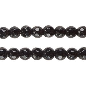 Bead, glass, opaque black, 6-7mm faceted round. Sold per pkg of (2) 12-inch strands, approximately 100 beads.