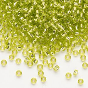 Seed bead, Miyuki, glass, pkg/50g, #8 rocaille, transparent silver-lined chartreuse (RR-14).