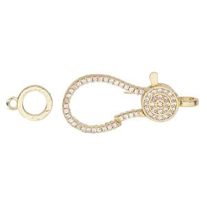 Clasp lobster claw 1pkg1, 24.5x12.5mm double-sided, gold-finished brass / cubic zirconia clear 1-strand