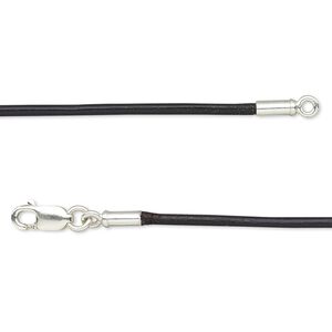 Necklace cord, Ellada Leather&trade;, Greek leather (dyed) and sterling silver, black, 1.5mm round, 16 inches with lobster claw clasp. Sold individually.