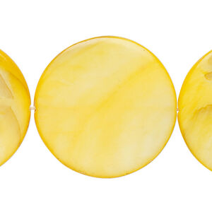 Mother-of-pearl shell 1pkg1, puffed flat round bead 15 inch yellow 29-30mm