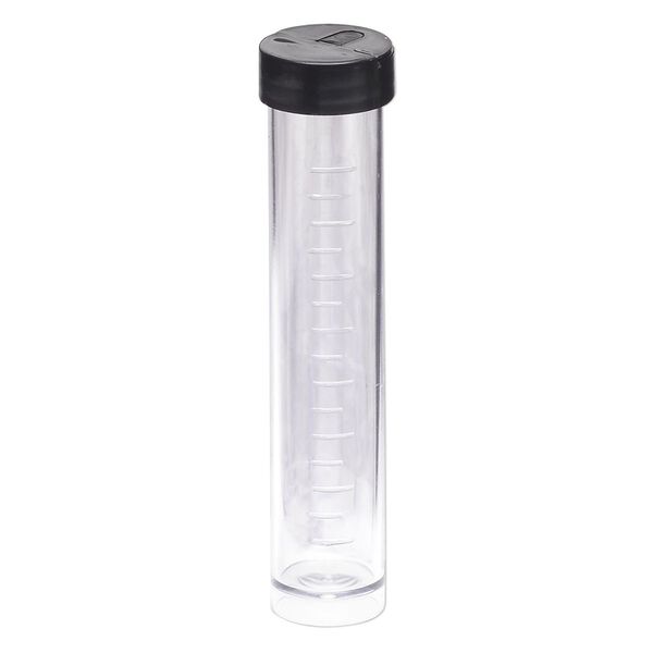 Display, acrylic, clear, 5-3/4x3-3/4 inch rectangle rack with 24 clear 4x3/4 inch wide vials with black twist-on caps with hang-tabs. Sold per set. image number 2