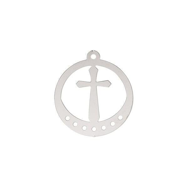 Drop, Lazer Lace&trade;, stainless steel, 18mm double-sided open round with cross and 7 loops. Sold per pkg of 4. image number 0