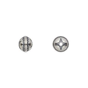 Bead 1pkg1 sterling silver, 8mm round star / bench-made style, antiqued