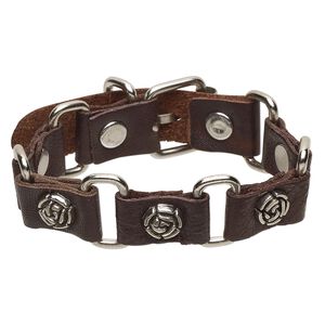 Bracelet, leather (dyed) / imitation rhodium-plated steel / antique silver-plated "pewter" (zinc-based alloy), brown, 22mm wide with 10mm rose, adjustable at 7 and 8 inches with buckle-style closure. Sold individually.