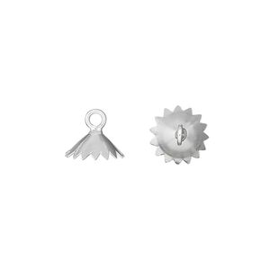 End cap 1pkg6 sterling silver, 9x4mm scalloped / loop, fits 10-12mm beads