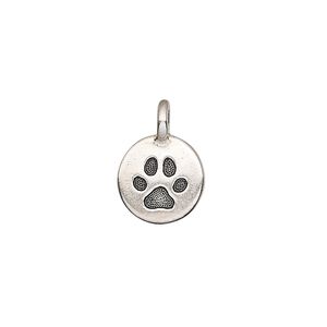 Drop, TierraCast&reg;, antique silver-plated pewter (tin-based alloy), 11.5mm single-sided round with paw print. Sold per pkg of 20.