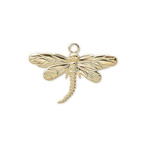 Charm, gold-plated brass, 26x15mm single-sided dragonfly. Sold per pkg of 10.